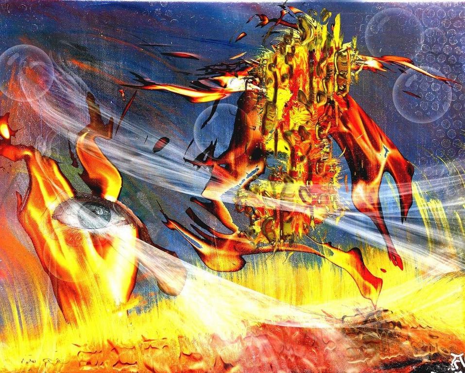 Digitale Fine Art Prints Out of Hell Flannengebilde schweben ueber brennender Oberflaeche. Links ein menschliches Auge
